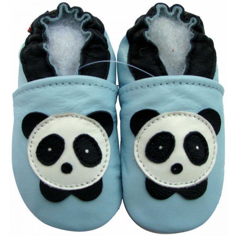 Chaussons cuir bébé Carozoo Panda fond bleu ciel pour les enfants