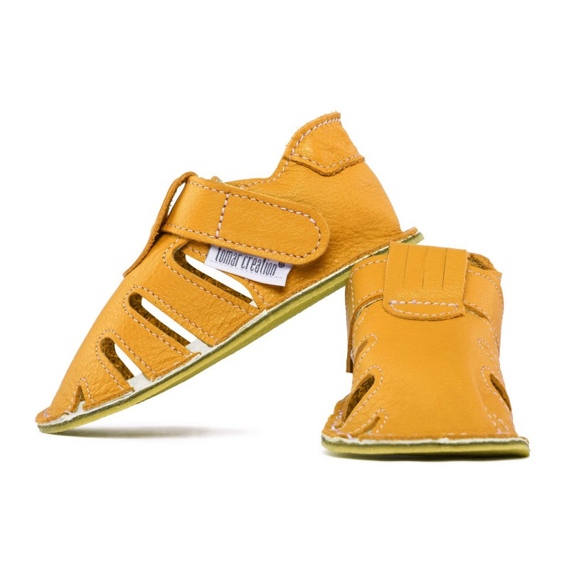 Chaussures cuir jaune souples "P'tit scratch été" Uni Barefoot bebe enfant  chez nat-essence.fr pour bébé, enfant et garçon