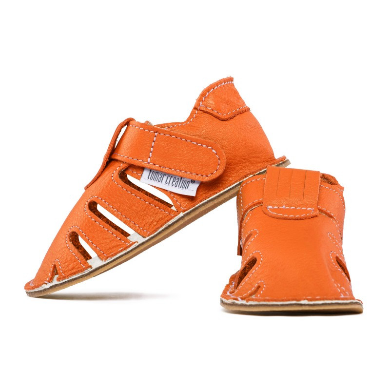 Chaussures cuir orange souples "P'tit scratch été" Uni Barefoot bebe enfant  chez nat-essence.fr pour bébé, enfant et garçon