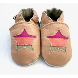 Chaussons cuir souple étoile rose bébé, enfant, adulte.
