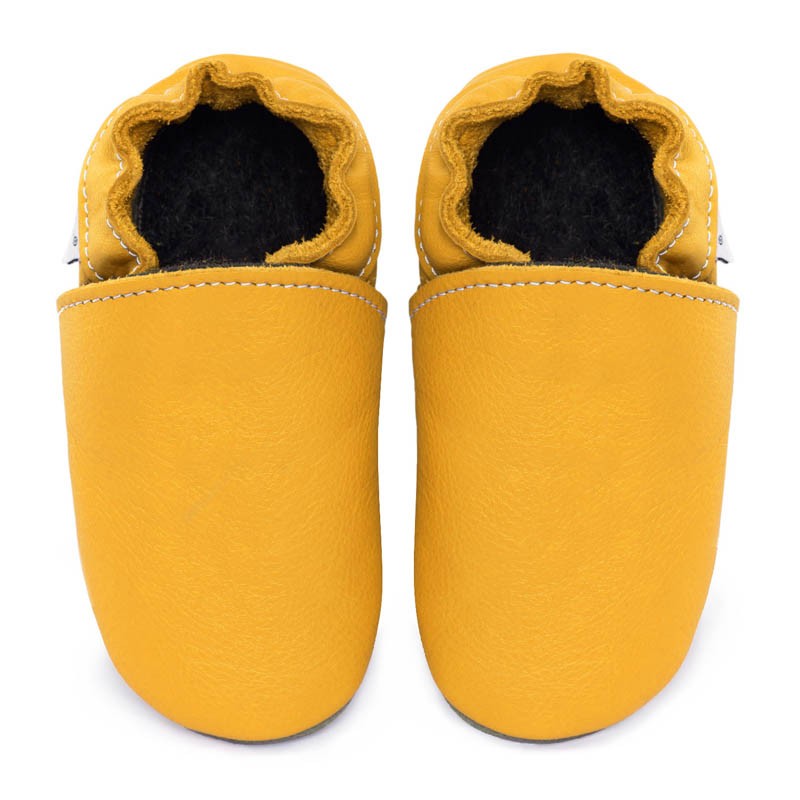 Chaussons cuir fourrés jaunes pour bébé, enfant et adulte