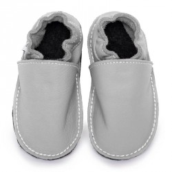 Chaussures cuir grises souples \\"P'tite Gomme\\", semelle caoutchouc bébé/enfant/adulte