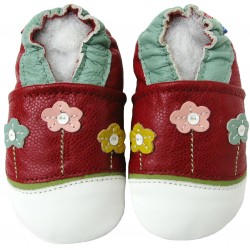 Chaussons cuir fille Carozoo fleurs fond rouge