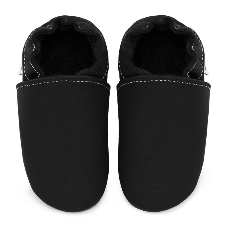 Chaussons cuir souple noir pour bébé, enfant, fille, garçon.