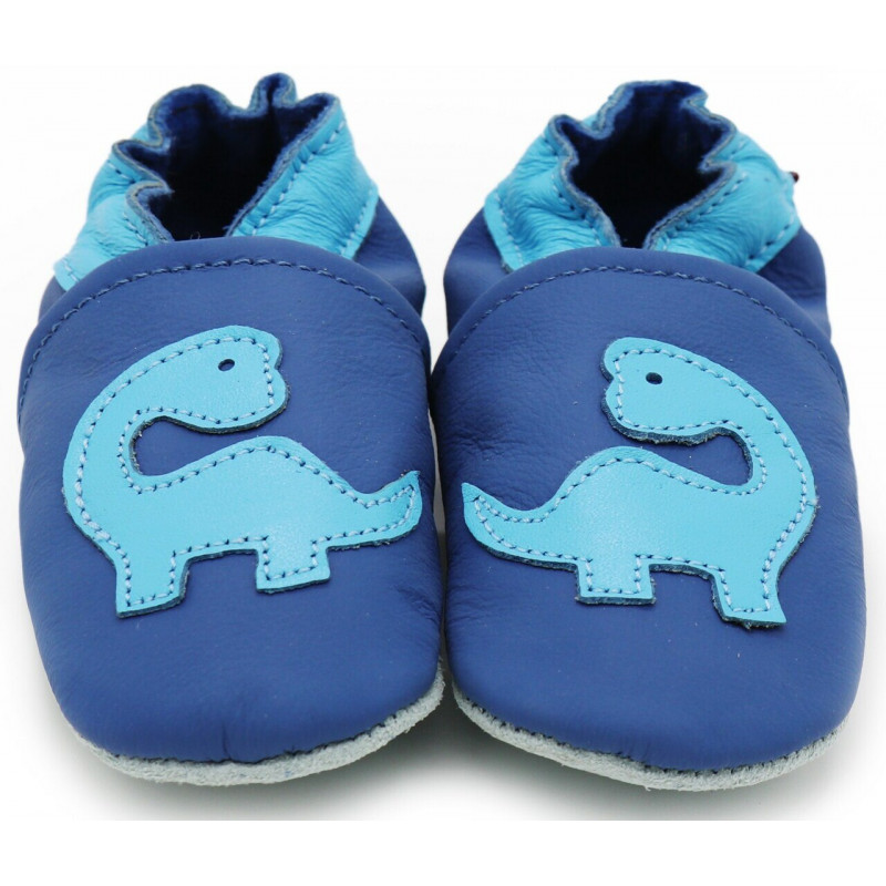 Chaussons cuir bébé Carozoo Dinosaure fond bleu pour enfant et bébé